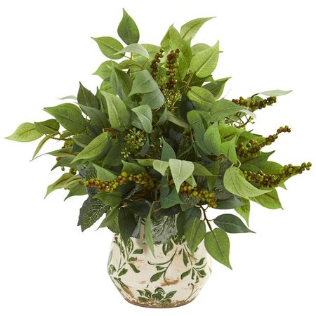 NEARLY NATURALS Mixed Ficus&#44; Fittonia & Berries Artificial Plant in Floral Vase 8549